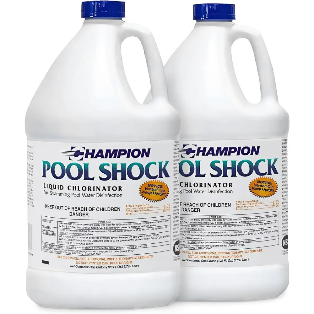 

Champion, 2 упаковки, Pool Shock, 12,5% жидкий хлоринатор, по 1 галлону каждый, быстродействующий дезинфицирующий препарат на основе гипохлорита натрия, коммерческого класса, не содержащий [непереводимое слово]
