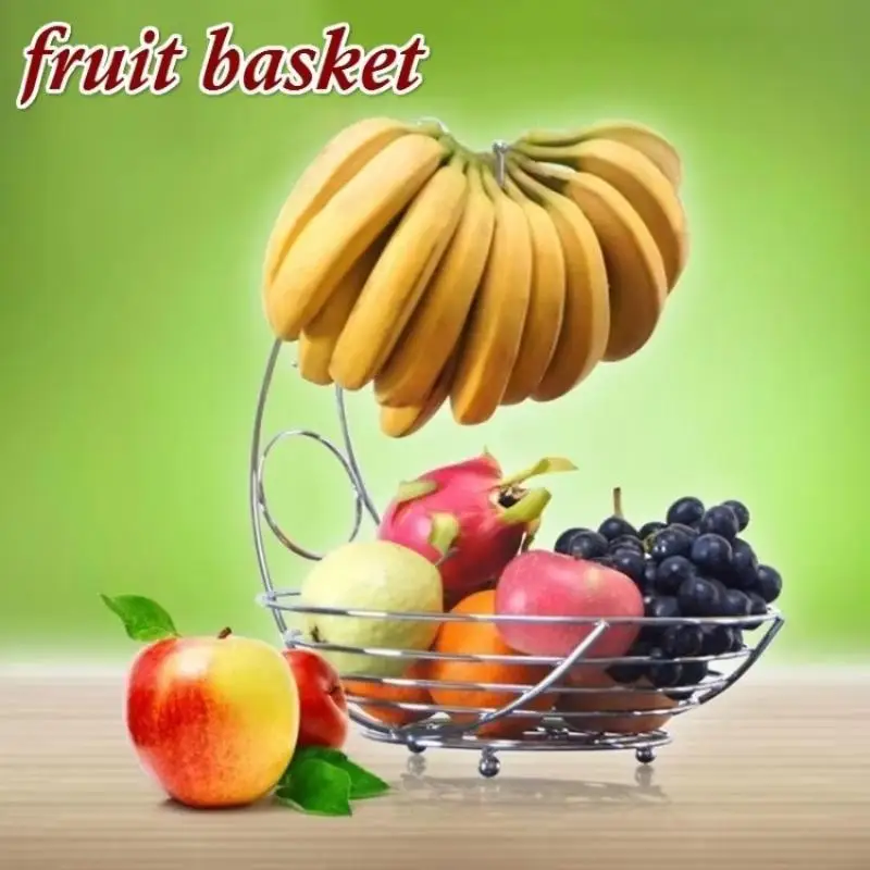 2 In 1 Chrome Banana Hanger Fruit Bowl Tree Holder Basket Stand Hook Kitchen Fruits Organize Accessories Wholesale