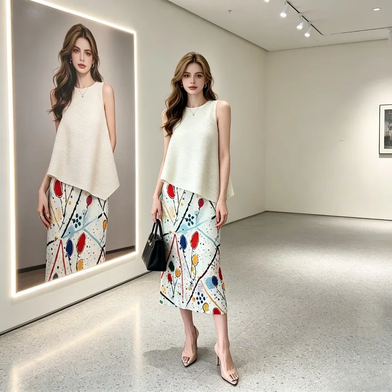 Miyake Pleated Skirt New 2026 Original Elegant High Waist Fashion Casual Slimming Color-Block Graffiti Print Pleated Skirt Pleat