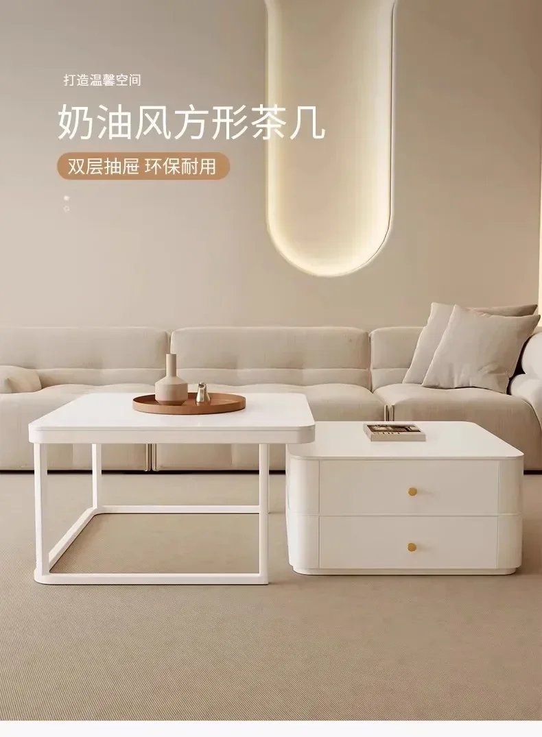 Cream Style Coffee Table Living Room Home Small Apartment Simple and Light Luxury Square Stone Plate Tea Table Combination