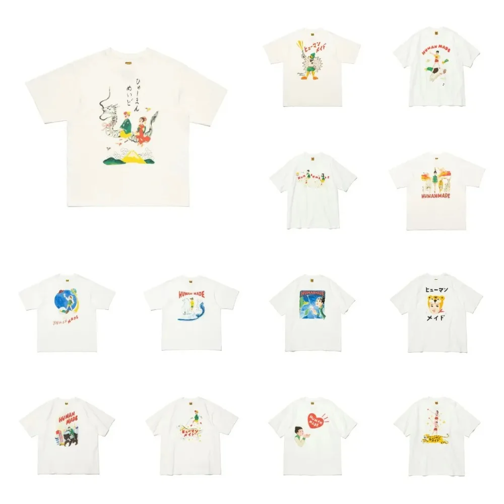 2026 new HUMAN MADE 25SS couple's heart lifting cartoon printed T-shirt Japanese retro loose unisex short sleeved shirt