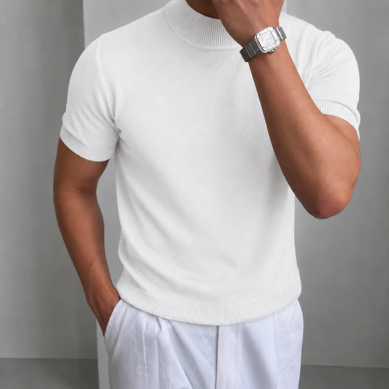 Herren Casual Einfaches Strick-T-Shirt Halbhoher Kragen Weicher Komfort Modisch Einfarbiges Strick-Kurzarm-T-Shirt Mock Neck Pullover – Detail 3