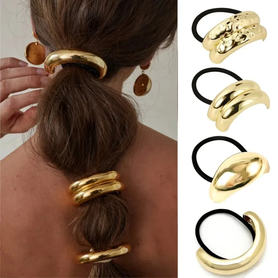 

3/6pcs Alloy Geometric Hair Ties Golden Elegant Elastic Hair Rope U-Shaped Ponytail Holder Fashion Hair Accessories for Woman