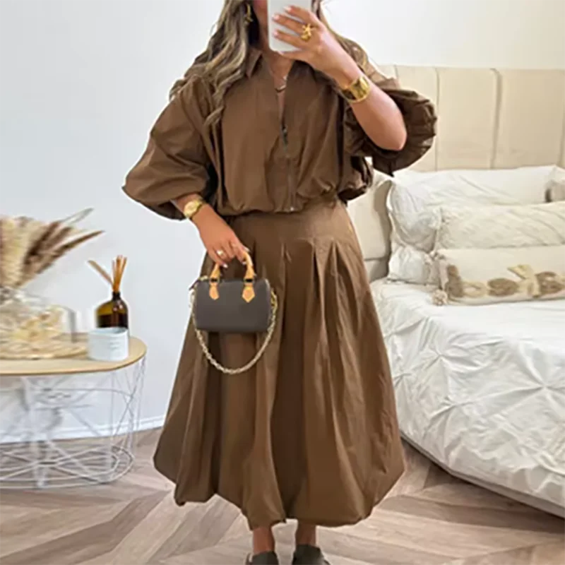 Setelan Kemeja Kerah Ritsleting & Rok Panjang Kasual Lengan Setengah Polos 2 Potong Pakaian Wanita Elegan Rok A-Line Pinggang Tinggi