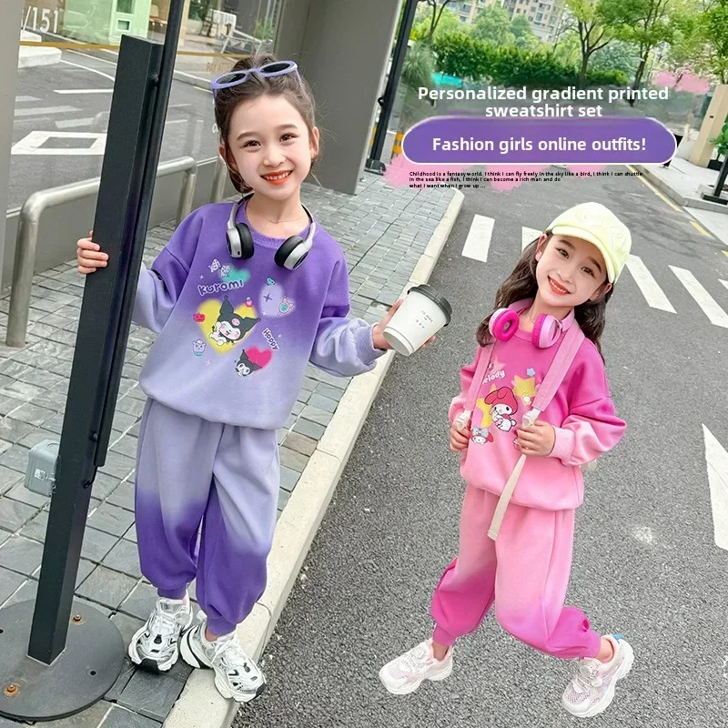 Sanrio Anime My Melody Spring Autumn Ins Hoodie Pants Set Cute Kuromi Children Spring Casual Kawaii Two Piece Set Girl Kids Gift