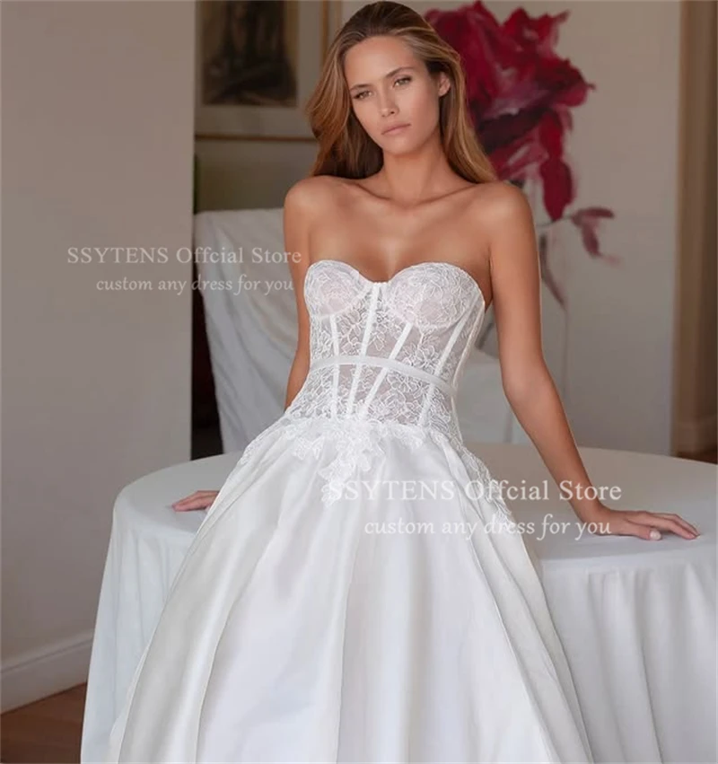 SSYTENS Luxus Elfenbein Satin Brautkleider Spitze Schatz A-Linie Brautkleider Frauen Elegante Enge Zivil Braut Kleid Angepasst