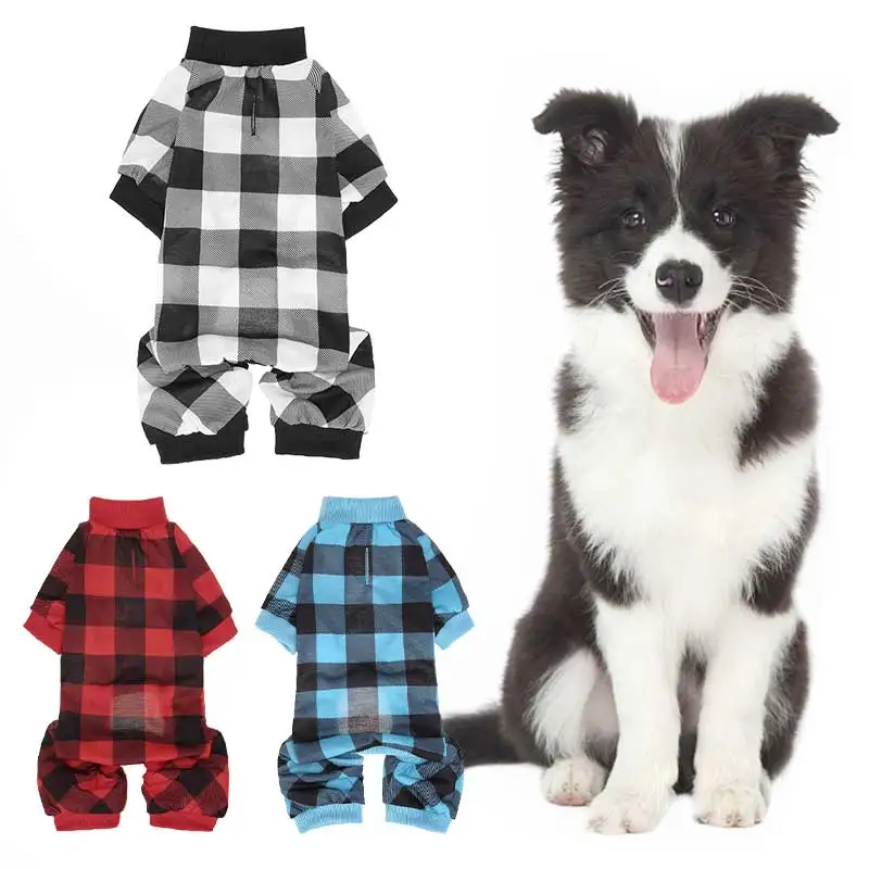 Plaid Dog Pajamas Soft Four Leg Pet Home Clothes Sleepy Puppy Doggie Jumpsuit