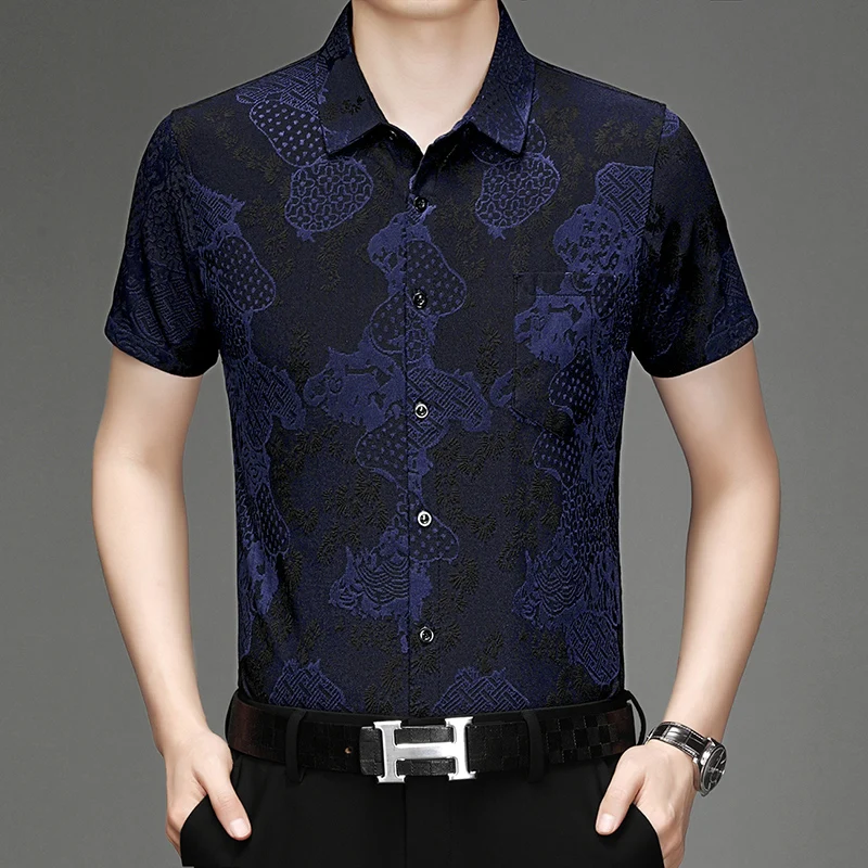 

Casual Jacquard Short Sleeve Shirts For Men Pocket Oversized 4XL Summer Quality Smooth Comfortable Regular Fit Camisas De Hombre