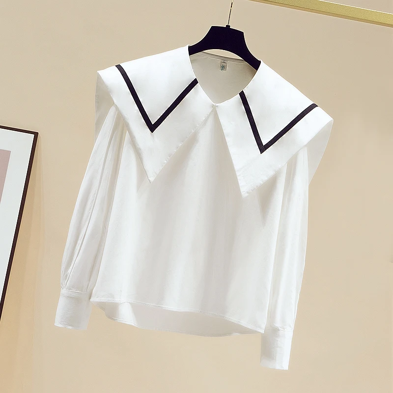 2023 Early Autumn Sailor Collar White Blouse Long Sleeve Women Loose Elegant Shirt Ladies Office Outer Academy Style Top 28550