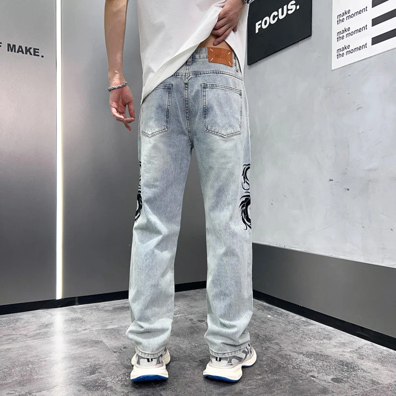Y2K new personalized embroidery men's jeans loose Korean version of the animal pattern straight jeans wide-leg pants men's pants