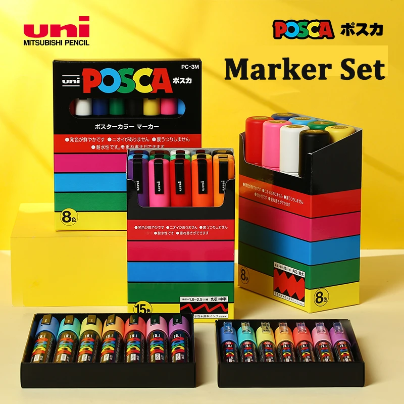 Uni Plumones Markers Pen Set 7/8/15/16 Colores POSCA PC-3M Stationery  Acrylic Graffiti POP Poster Advertising Painting Glass