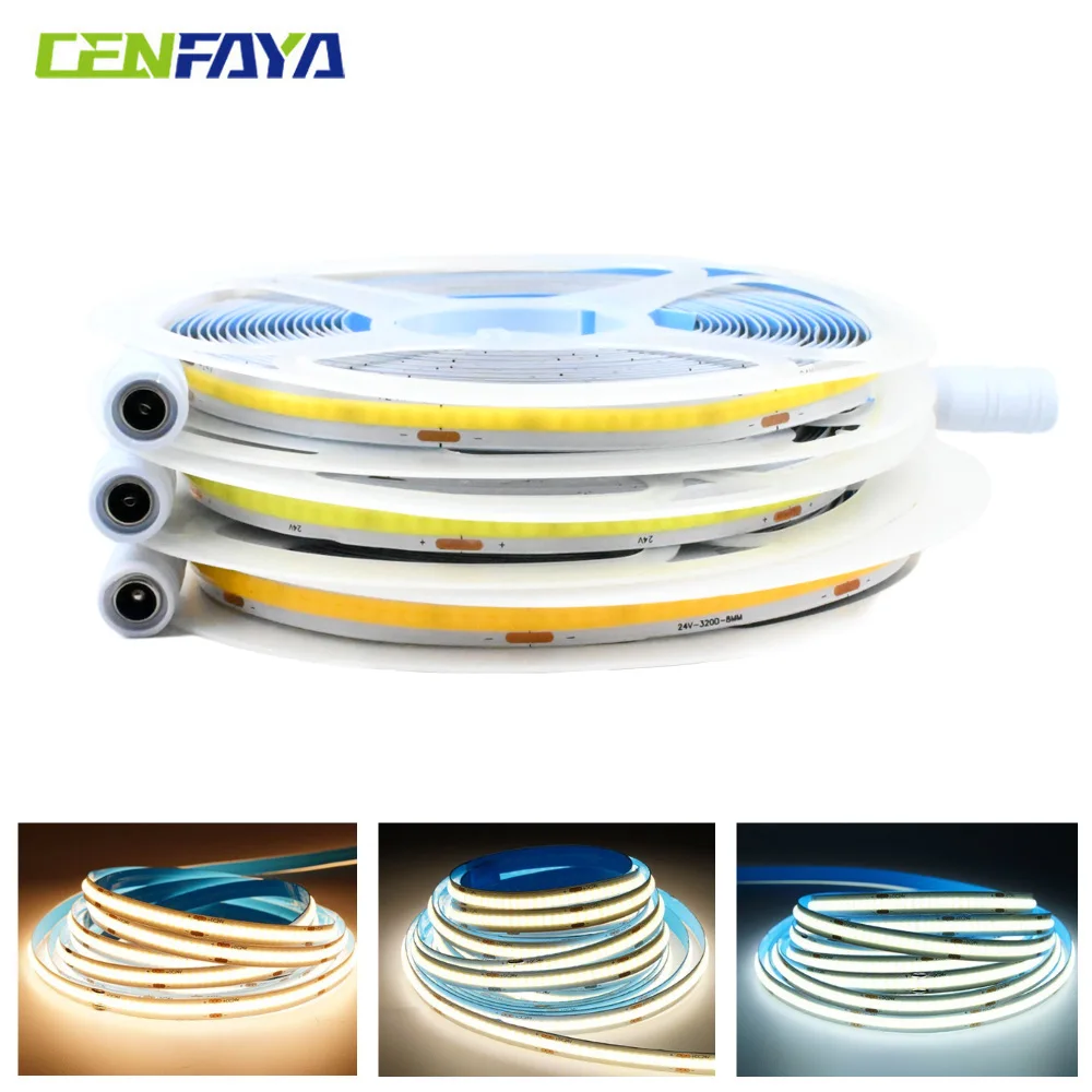 

DC 24V COB LED Strip Light DC Interface 2700-6000K Dimmable CIR90+ 10M High Lumen Tape Lights For Bedroom Kitchen DIY Lighting