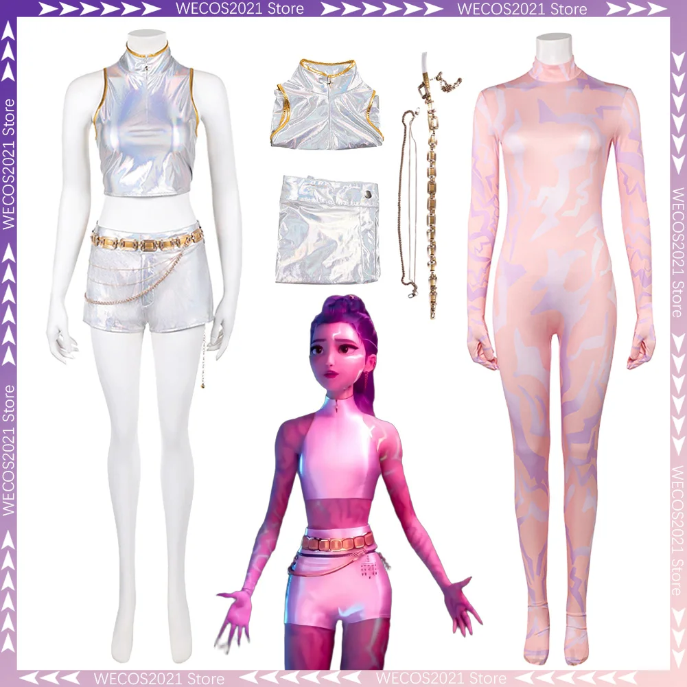 

2025 Cartoon Costume Demon Hunter of KPop Rumi Cosplay Fantasy White Singing Suit Clothing Disguise Adult Women Roleplay Outfits