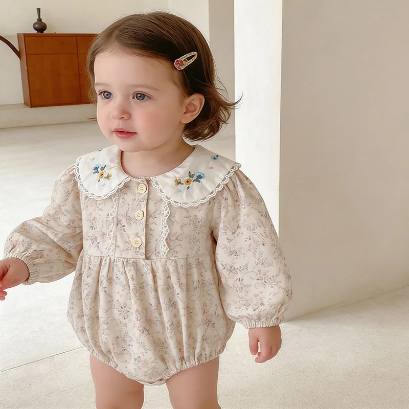 Girls Onesie 2026 Spring and Summer New Childrens Clothing Korean Girl Baby Pure Cotton Embroidered Doll Collar Floral Onesie