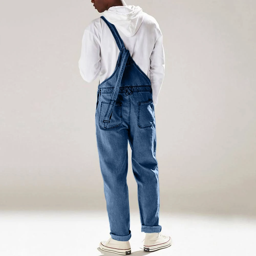 Streetwear Men\'s Solid Color Multi-pocket Denim Bib Overalls Casual Daily Denim Jumpsuit Fashion Male Suspender Long Pants