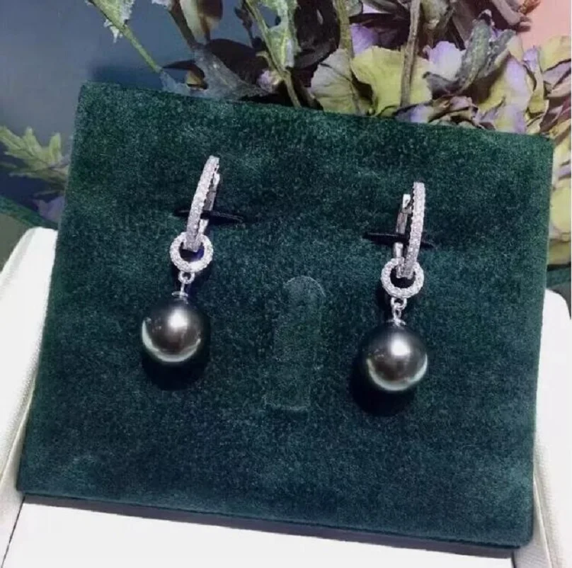 

Beautiful AAAAA 9-10mm Tahiti Round Black Green Pearl Earrings 925s