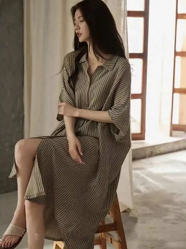

Summer Pure Cotton Spwear Women's Lazy Sle Long Sve Open Cardigan Loose Fit Thin Home Clothes Striped Nightgown