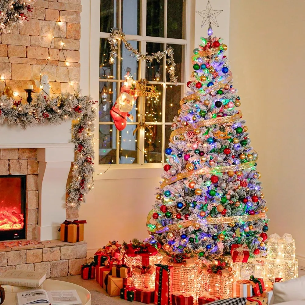 شجرة عيد الميلاد المتدفقة بالثلج المسبق بطول 7.5 قدم، شجرة عيد الميلاد ذات 1446 أطراف فرعية مفصلية، 450 مصباح LED متغير اللون #6