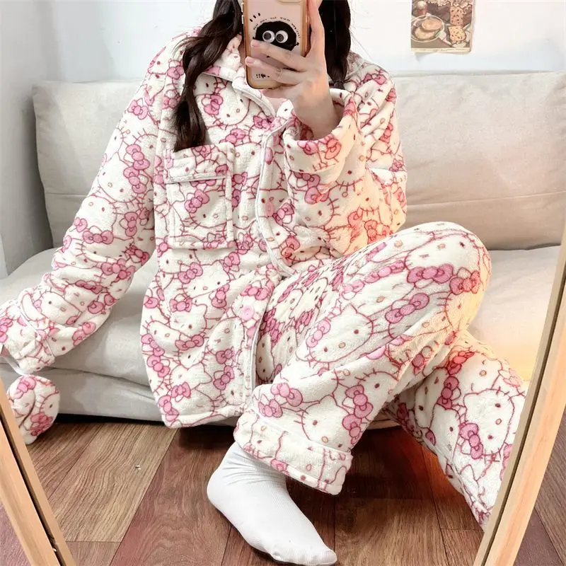 Sanrioed Hello Kittys Women's Pajamas Winter Cotton Long Sleeve Trousers Two-Piece Set Thickened Warm Coral Fleece Homewear Set