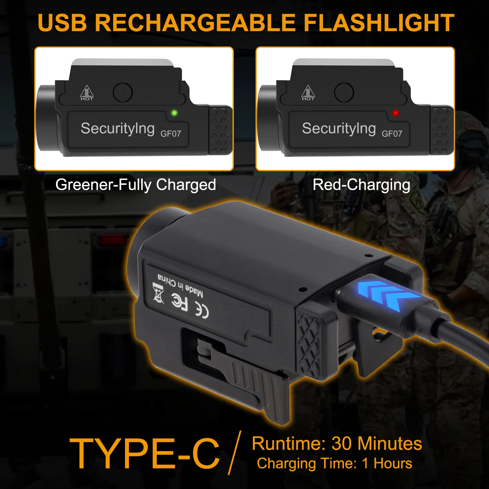 SecurityIng GF07 800 Lumens USB Rechargeable Adjustable 20-21mm Rail Mounted Flashlight Fit for MIL-STD-1913 Rails 3 Modes Light