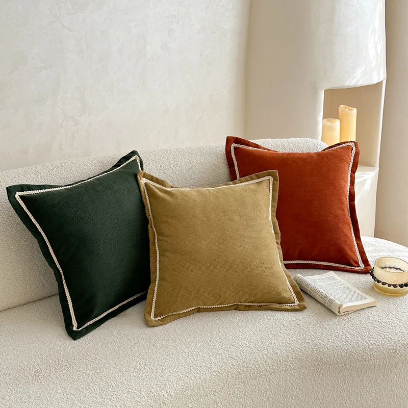 Cozy Solid Pillow Cover Ribbed Linen With Border Embroidered Edged 45x45cm Khaki Cream Dark Green Reddish Brown Home Decoctive
