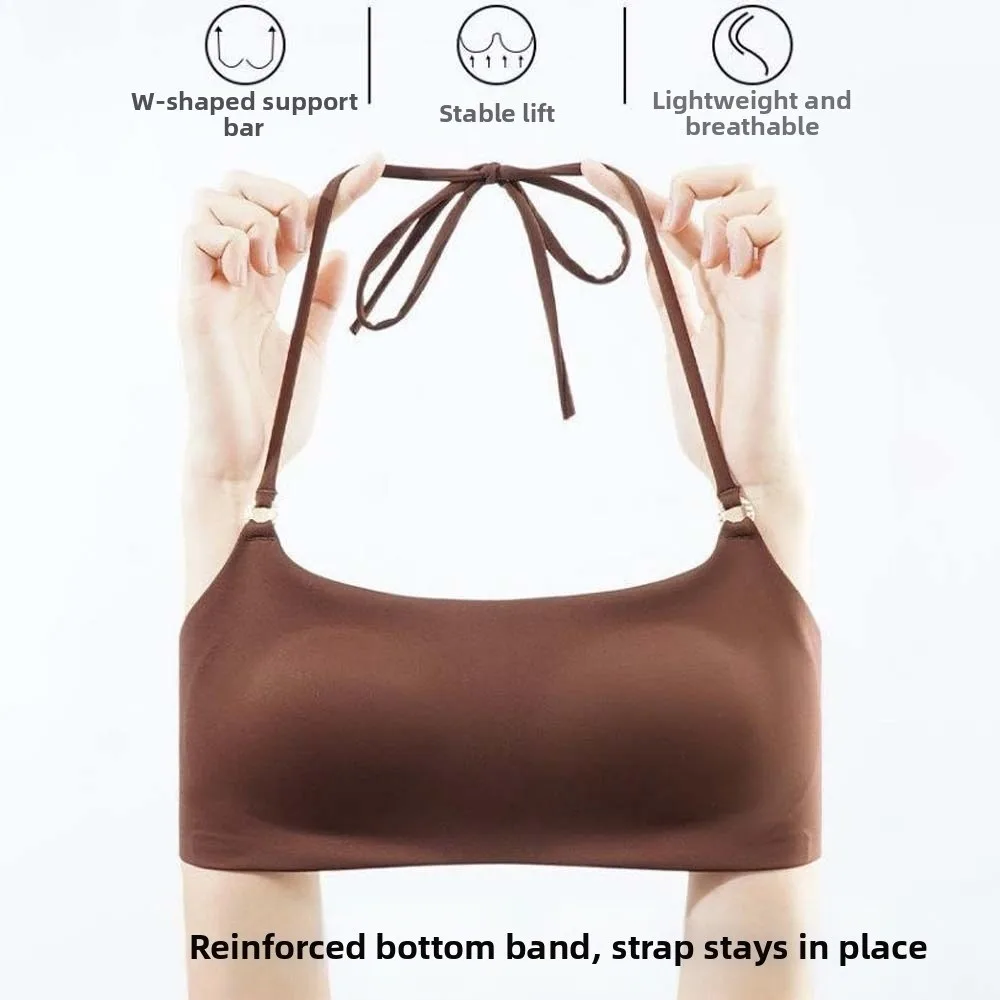 Dünner Schulterriemen, Neckholder-BH ohne Bügel, stoßfester BH für Damen, nahtloser Push-Up-BH mit Bruststraffung. – Detail 10