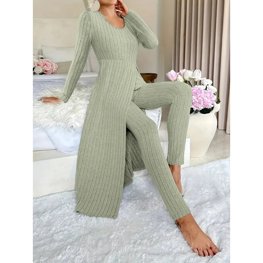 

Женский весенний комплект для дома: топ с круглым вырезом и длинными рукавами и брюки, повседневный комплект из двух предметов