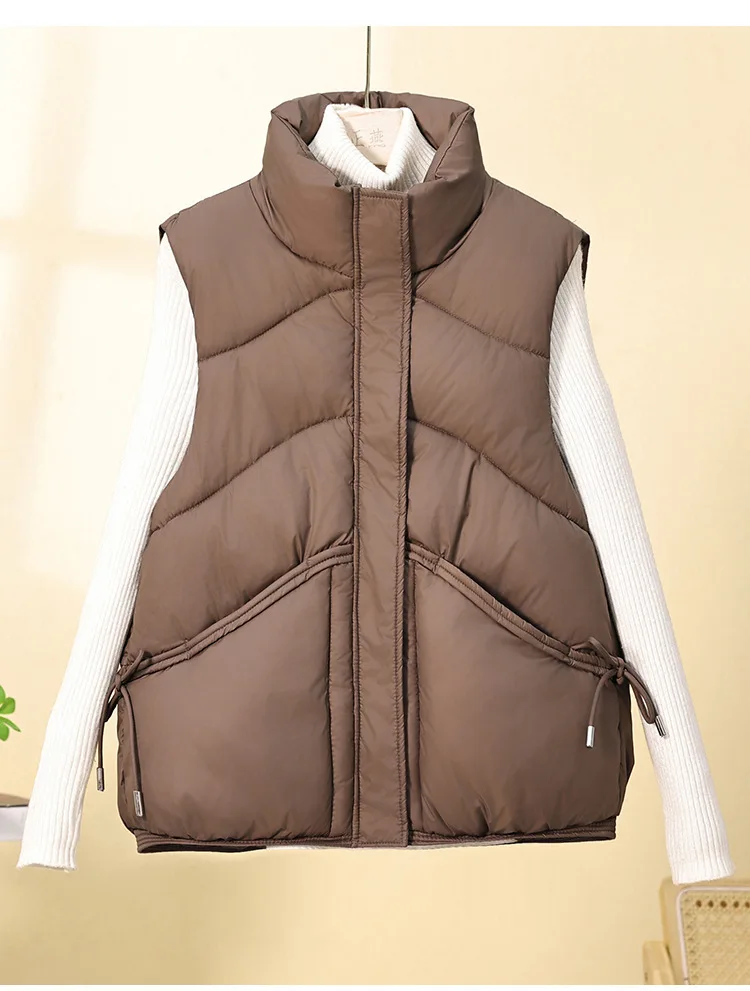 Women Solid Parkas Vest Coats Sleeveless Oversize Jacket Bow Stand Collar Zipper Pockets Loose Thick Elegant Casual 2025 Winter