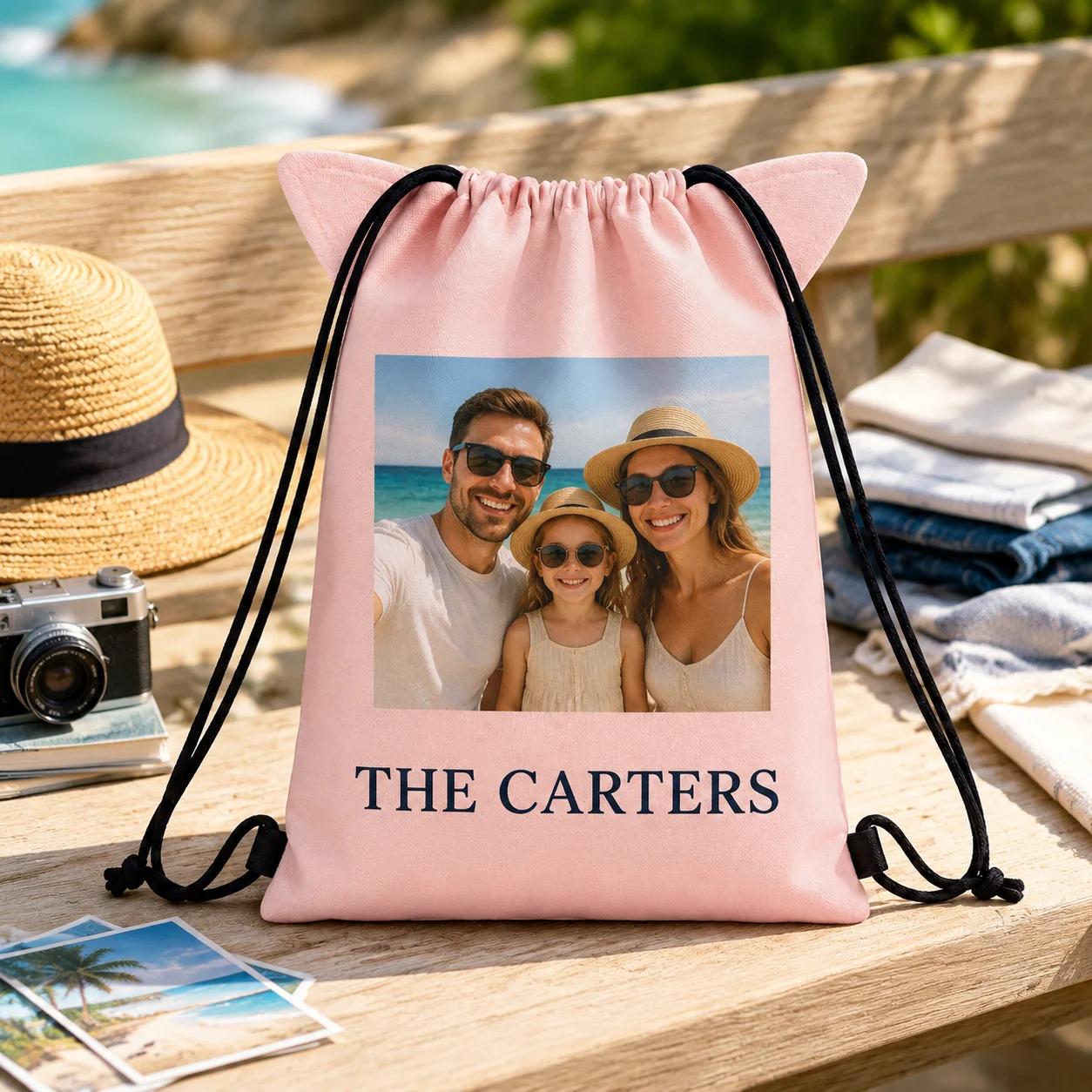 Custom Image Drawstring Backpack with Ears Upload Your Picture Personalized Text Print Customized Ear String Bag for Kids Adults