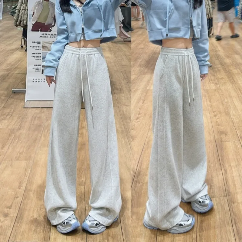 여성을위한 흰색과 회색 매칭 스포츠 바지 봄 가을, 겨울 느슨한 스트레이트 레그 쁘띠 좁은 와이드 레그 스웨트 팬츠