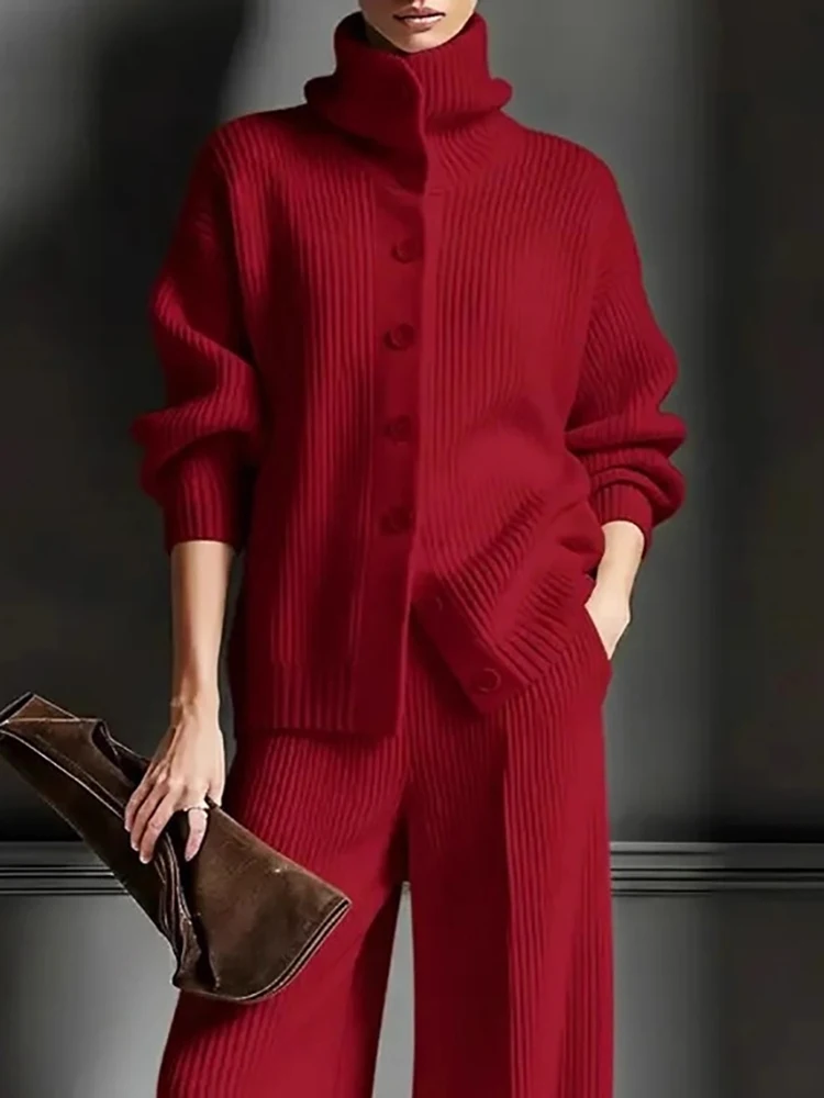 

Зимняя новая водолазка, свитер с длинными рукавами и брюки, комплекты из 2 предметов, простой однотонный теплый свободный наряд, повседневные прямые костюмы с карманами