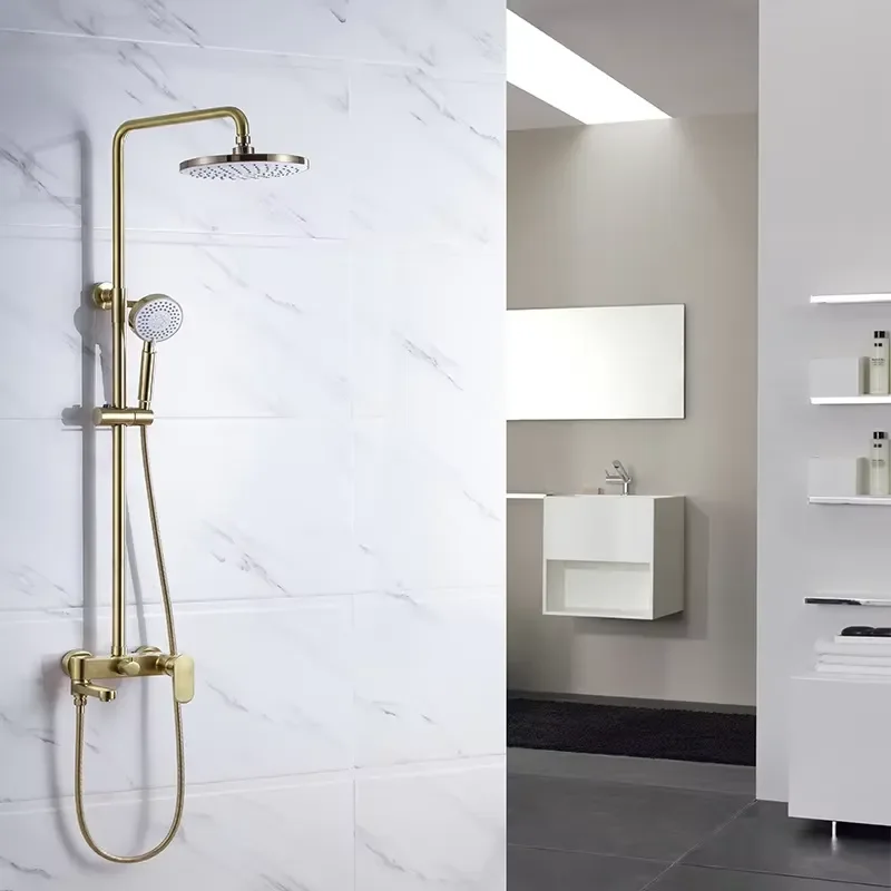Contemporary Brass Single-Handle Rain Shower Head Set Thermostatic Faucets Ceramic Wall Mounting Brushed Gold Massage Soft