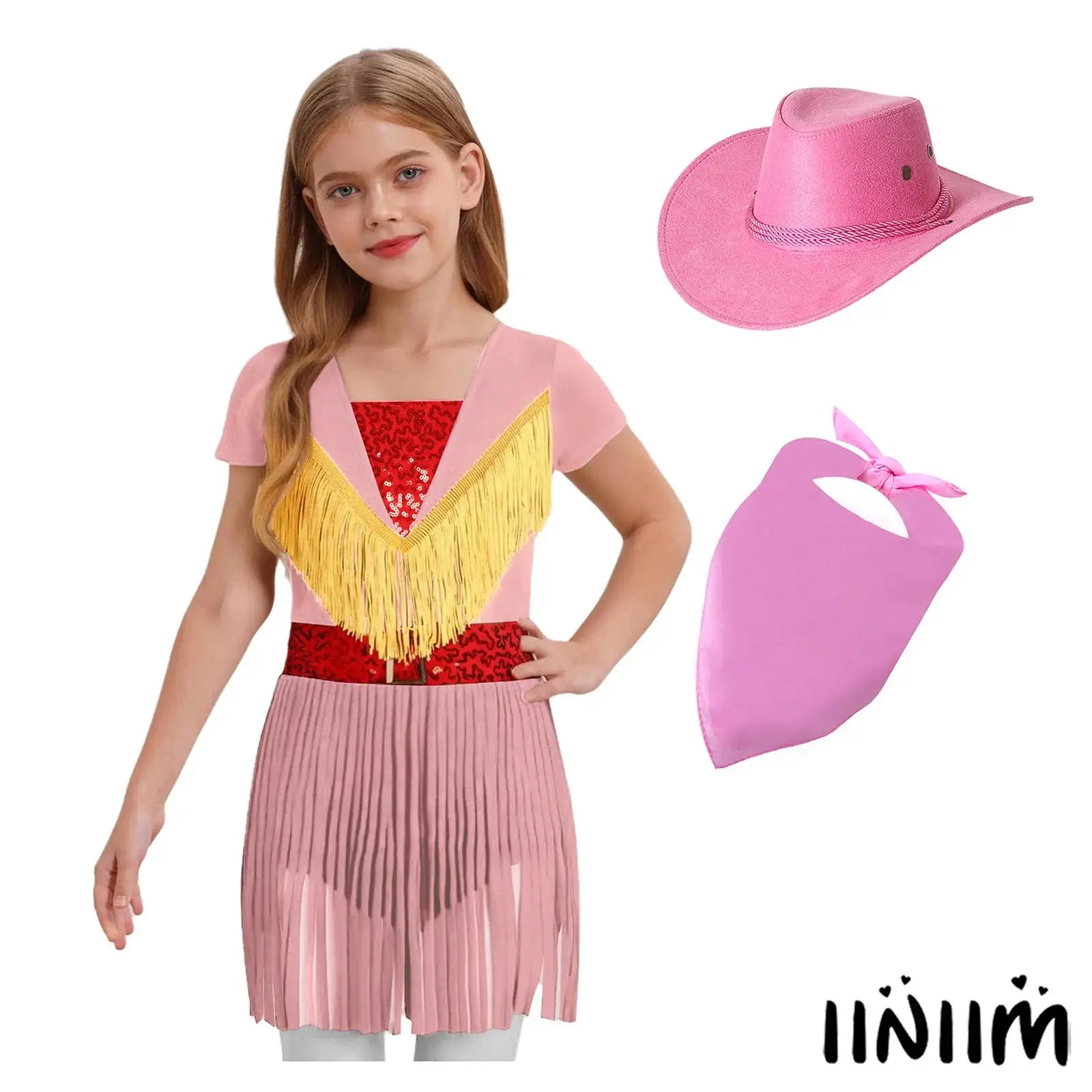 

Children 3Pcs Girls Western Cowgirl Gent Cosplay Outfits Sequined Dress with Hat Bandana Invisible for Christmas Halloween Party
