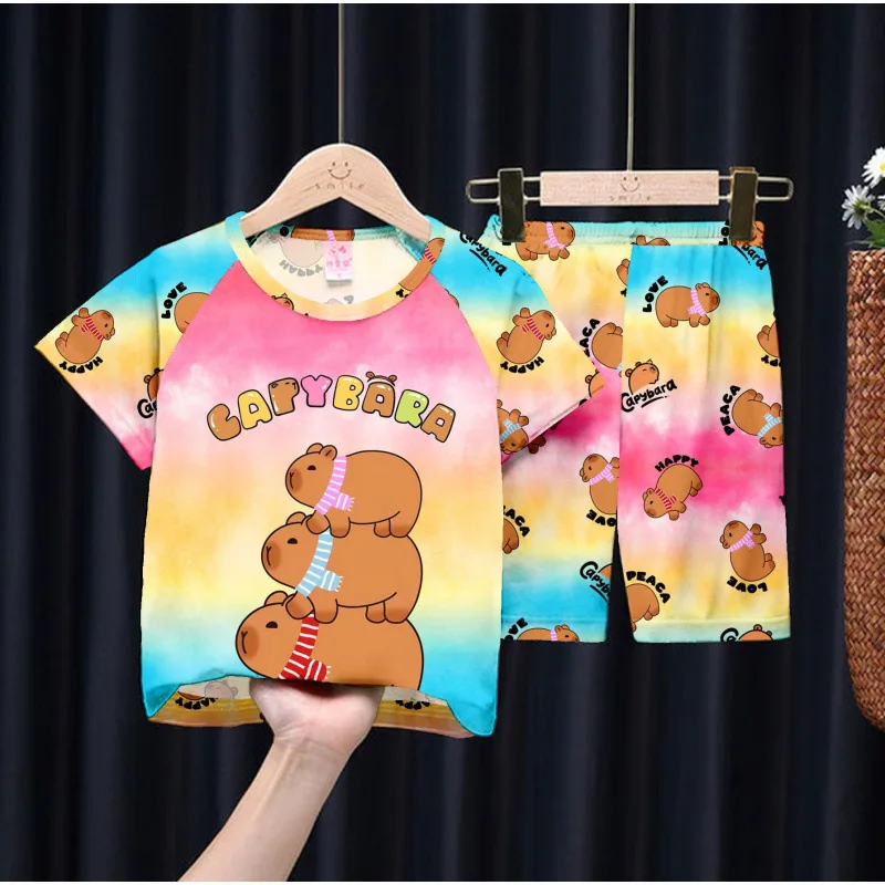 Children's Summer Thin Pajamas Short Sleeve Cartoon Kapibala T-shirt Tops + Shorts Sleepwear Boys Girls Casual Clothing Sets
