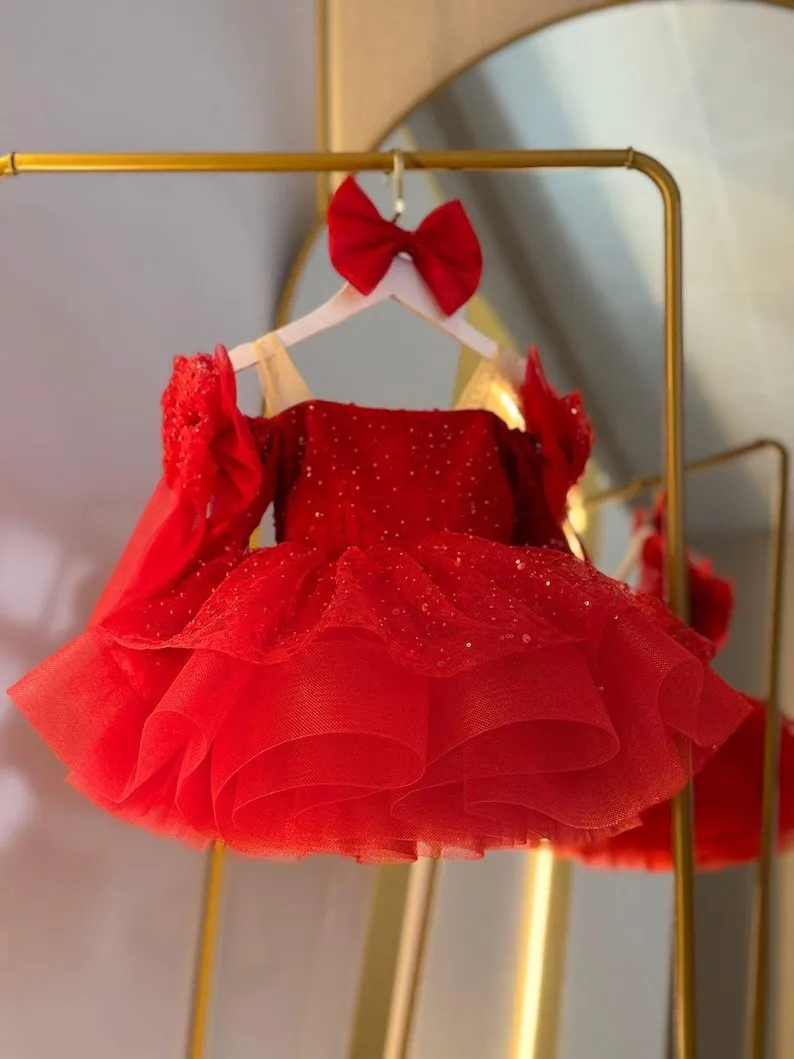 

Роскошное платье для девочек с бусинами и цветами, пышное праздничное платье для девочек на свадьбу, с длинными рукавами, детское церемониальное платье на Рождество, на заказ