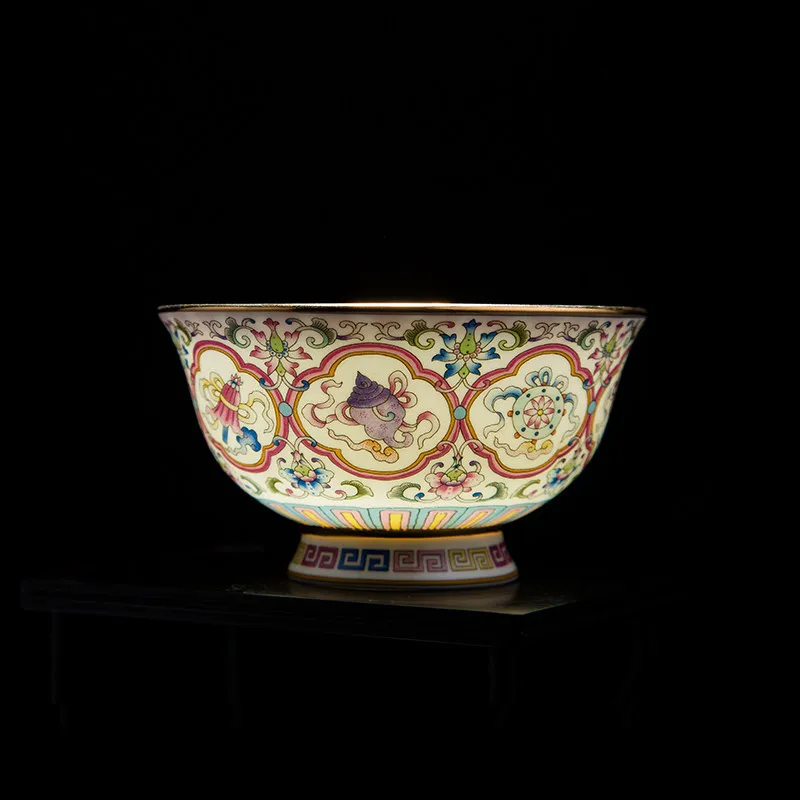 Imperial Tibetan Butter Tea Bowl Hand Painted Enamel Gold Trim Jingdezhen Ceramic - Delicate Home Gift with High Foot Design