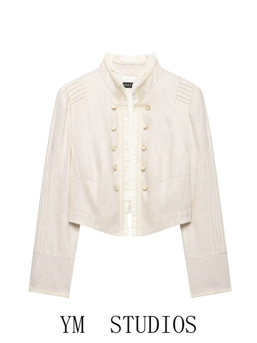 Women's Slim Fit Short Suit Jacket with Wood Grain Ruffle Layered Decorations Stand Collar Open Cardigan Autumn Fashion