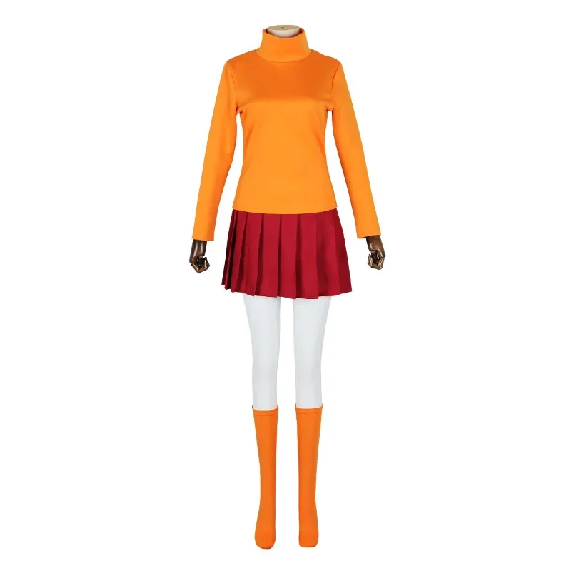 Anime Velma Cosplay Costume Movie Character Scoloby-Dool Orange Uniform Halloween Costume for Women Girls Party Costume Wig