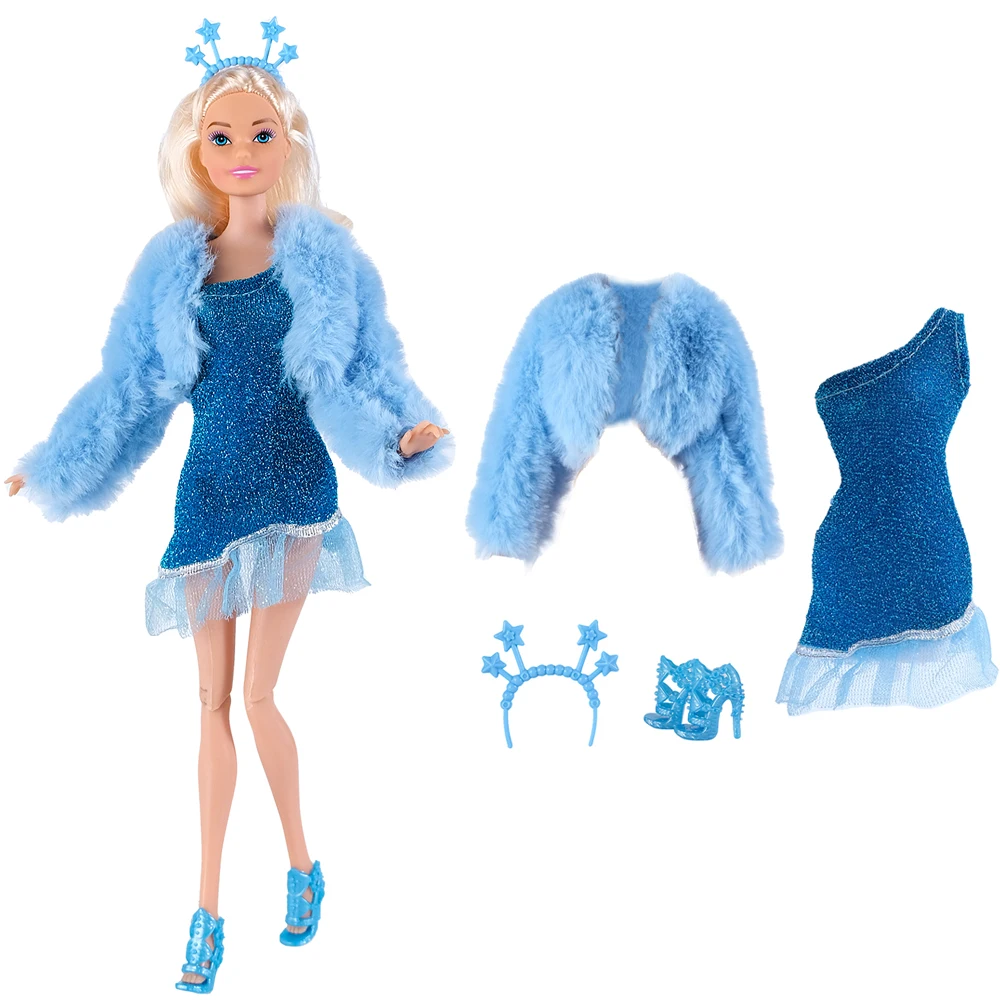 

NK 1 Set 11.5 inch Doll Clothes 1/6 Doll Clothes Blue jacket+Dress+Star Patterned Hair Bands+Heels For 30CM Doll Accessories Toy