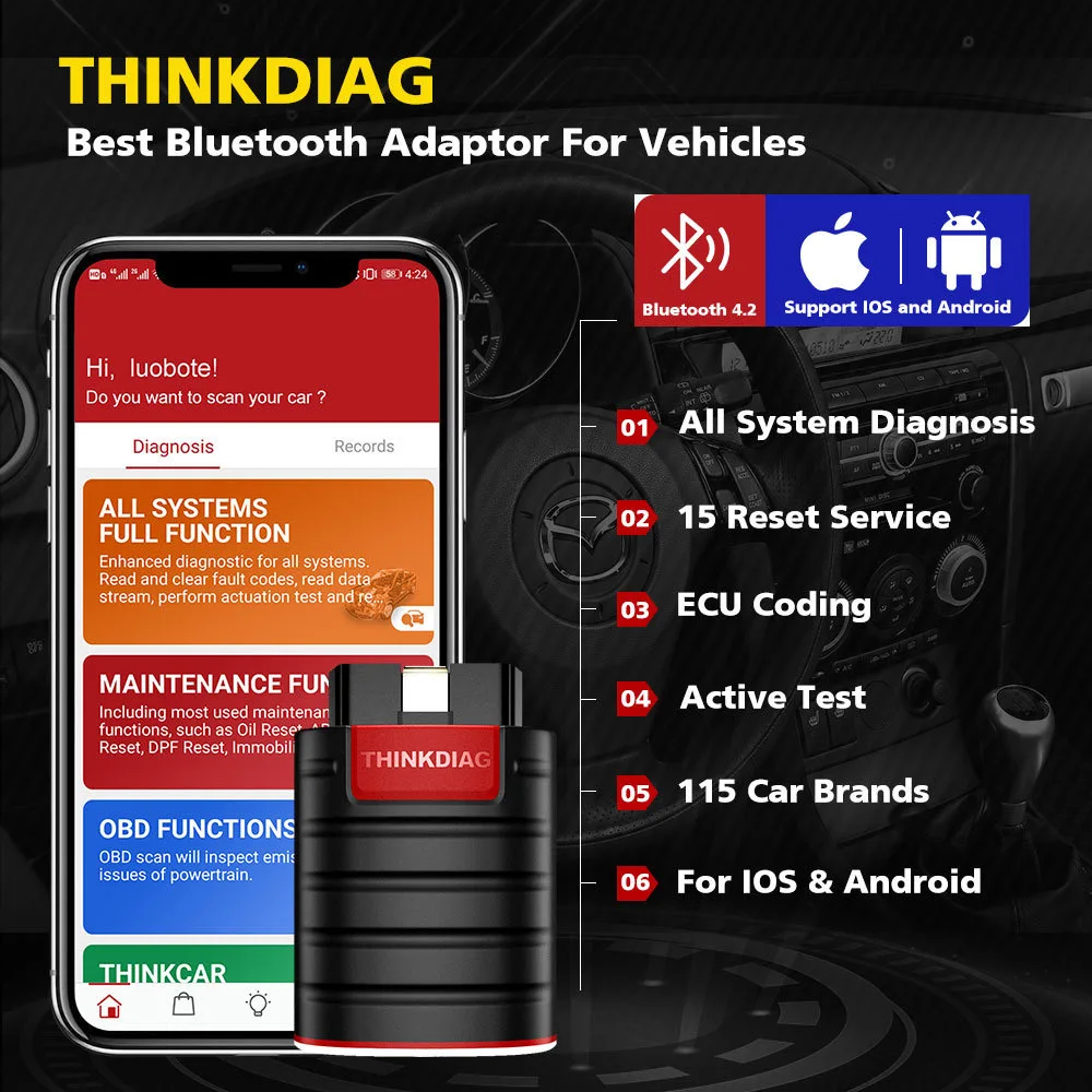 Thinkdiag OBD2 Scanner Bluetooth, All System Bidirectional scan Tool OE Level Diagnostic Tools with ECU Coding,15+ Service Funct