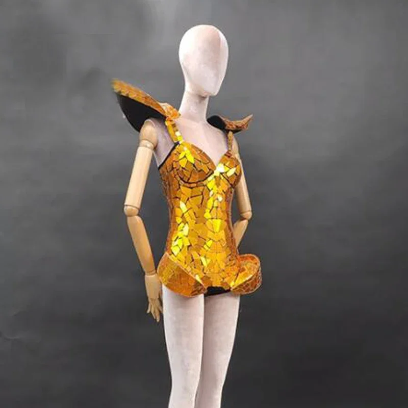 

Женский блестящий боди-костюм с золотыми стразами и зеркальными элементами для рейв-вечеринок, костюм для дрэг-квин, одежда для певиц и танцовщиц, сценический наряд для карнавала