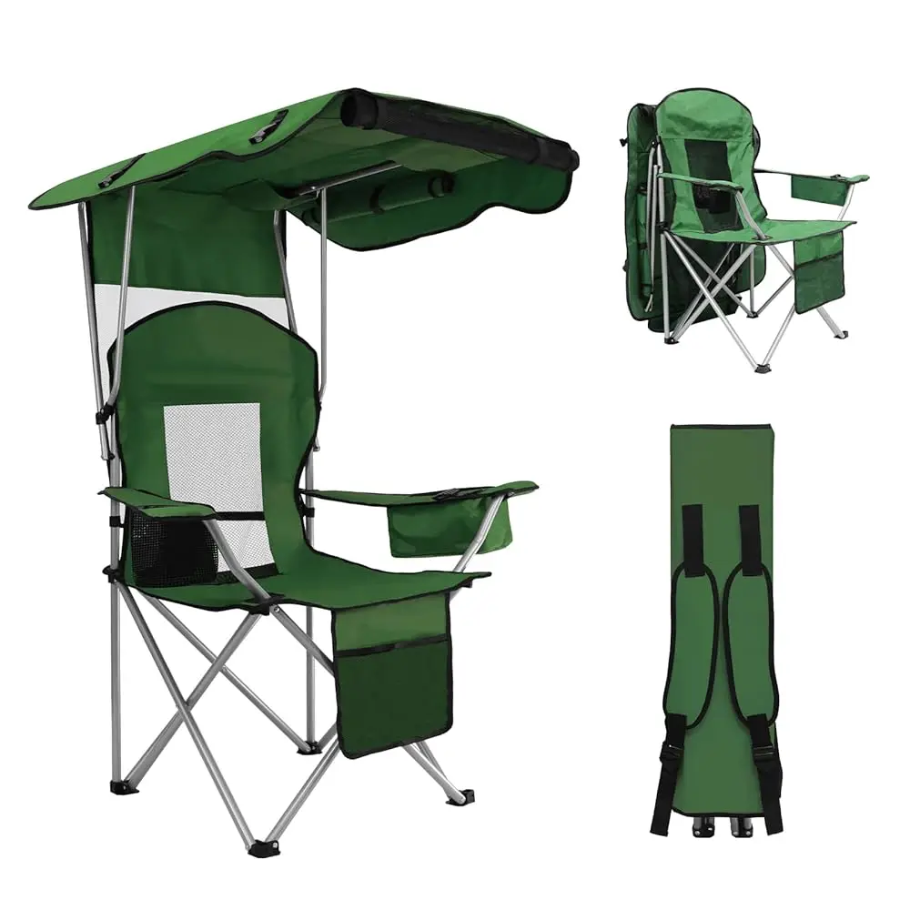 

Camping Chair With Canopy Shade Portable Folding Beach Chairs With Cooler, Mesh Backrest, Cup Holder, And Pocket For Camping,