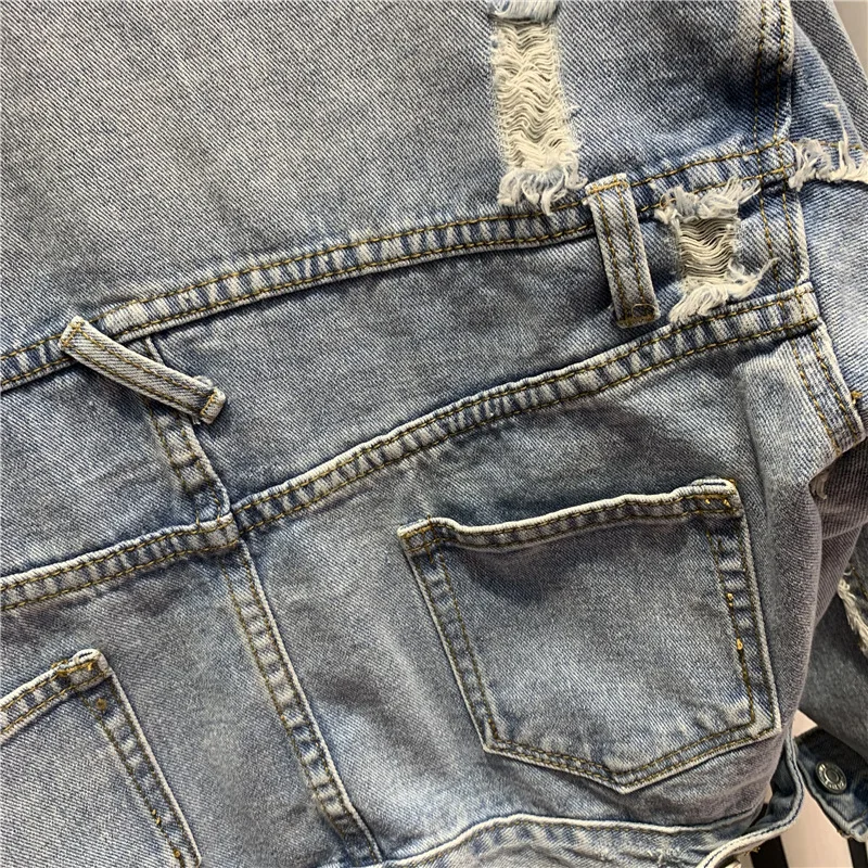 FNOCE 2023 new spring women's ripped jeans jackets fahion trends streetwear personality solid long sleeve slim hole denim coats