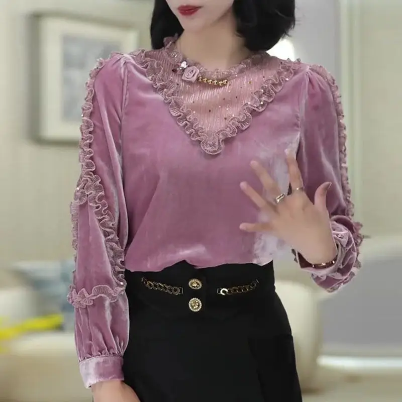 

Winter Pink Long-sleeved Velvet Shirt for Women 2025 Autumn New Fashionable and Versatile Top Blouses for Women Sexy Lady Tops