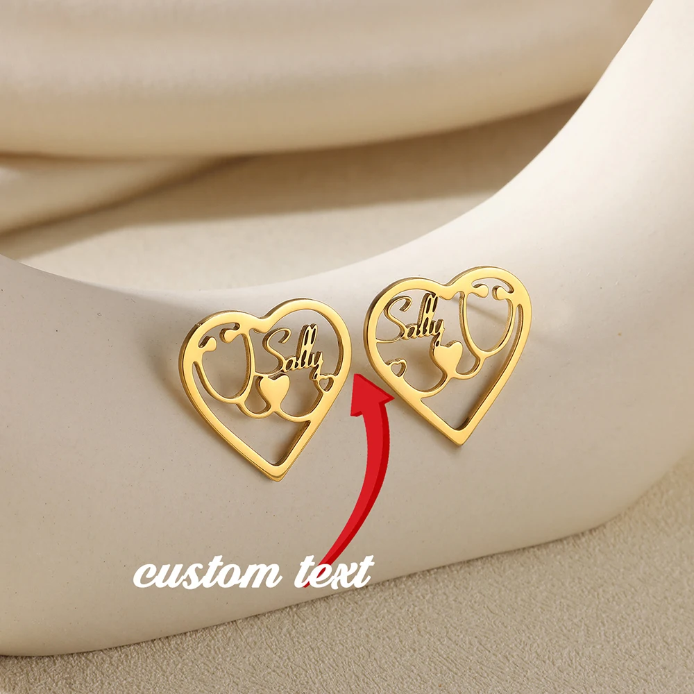 

Trendy Love Heartbeat Custom Name Stud Earrings For Women Stainless Steel Echometer Statement Jewelry Doctor Nurse Earring Gifts