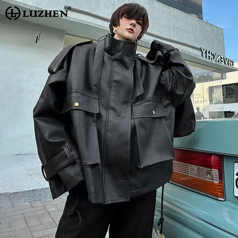 

LUZHEN 2024 High Quality Street Stylish PU Leather Jacket Motorcycle Trendy American Style Handsome Tops Zipper Clothes LZ3248