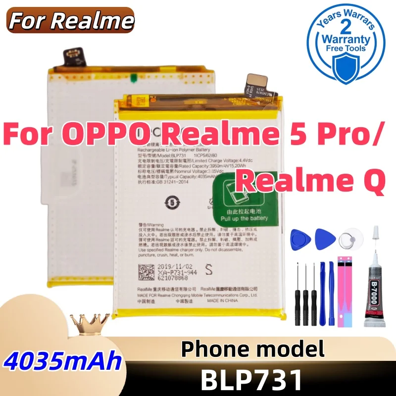 

BLP731 4035mAh Phone Battery For Realme 5 Pro / Realme Q RMX1971 RMX1973 Replacement Lithium Polymer Battery
