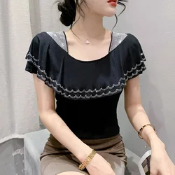 #5135 Summer Black Blue Mesh T Shirt Women Square Collar Ruffles Diamonds Sexy Office Tight T-shirt Female Thin Office Tshirt