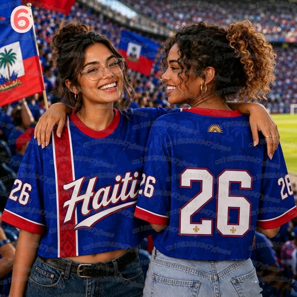 2026 Frauen HAITI Fußball Crop Top Trikot Cheerleader Fußball-T-Shirt Damen Romantik Fußballtrikot, Kurzarm Damen T-Shirt – Detail 5