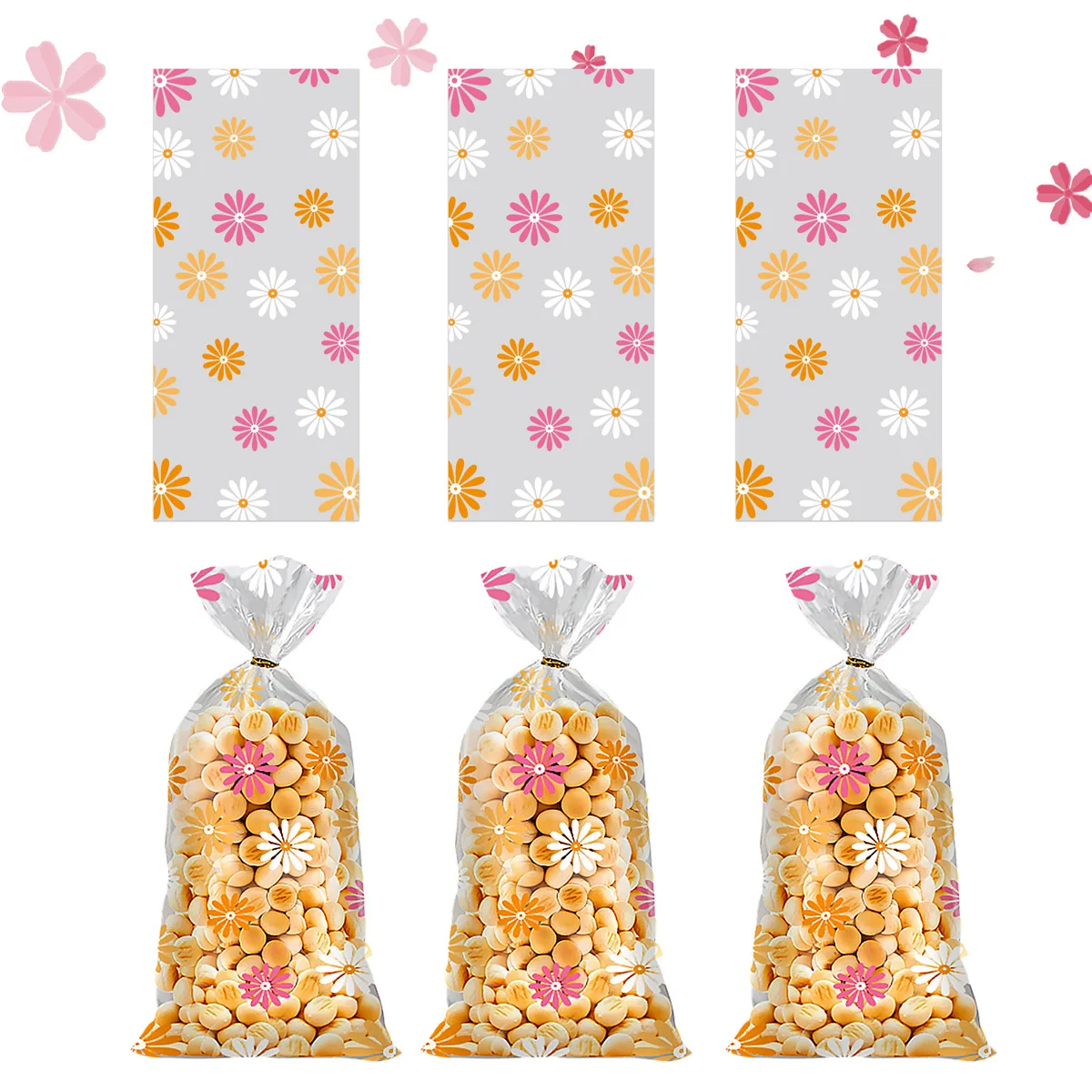 50 Stück transparente Plastiktüten mit frischem Blumenmuster, Gänseblümchen-Geschenkverpackung, Opp-Beutel mit gedrehten Bändern, Süßigkeitentüte zur Aufbewahrung von Snacks